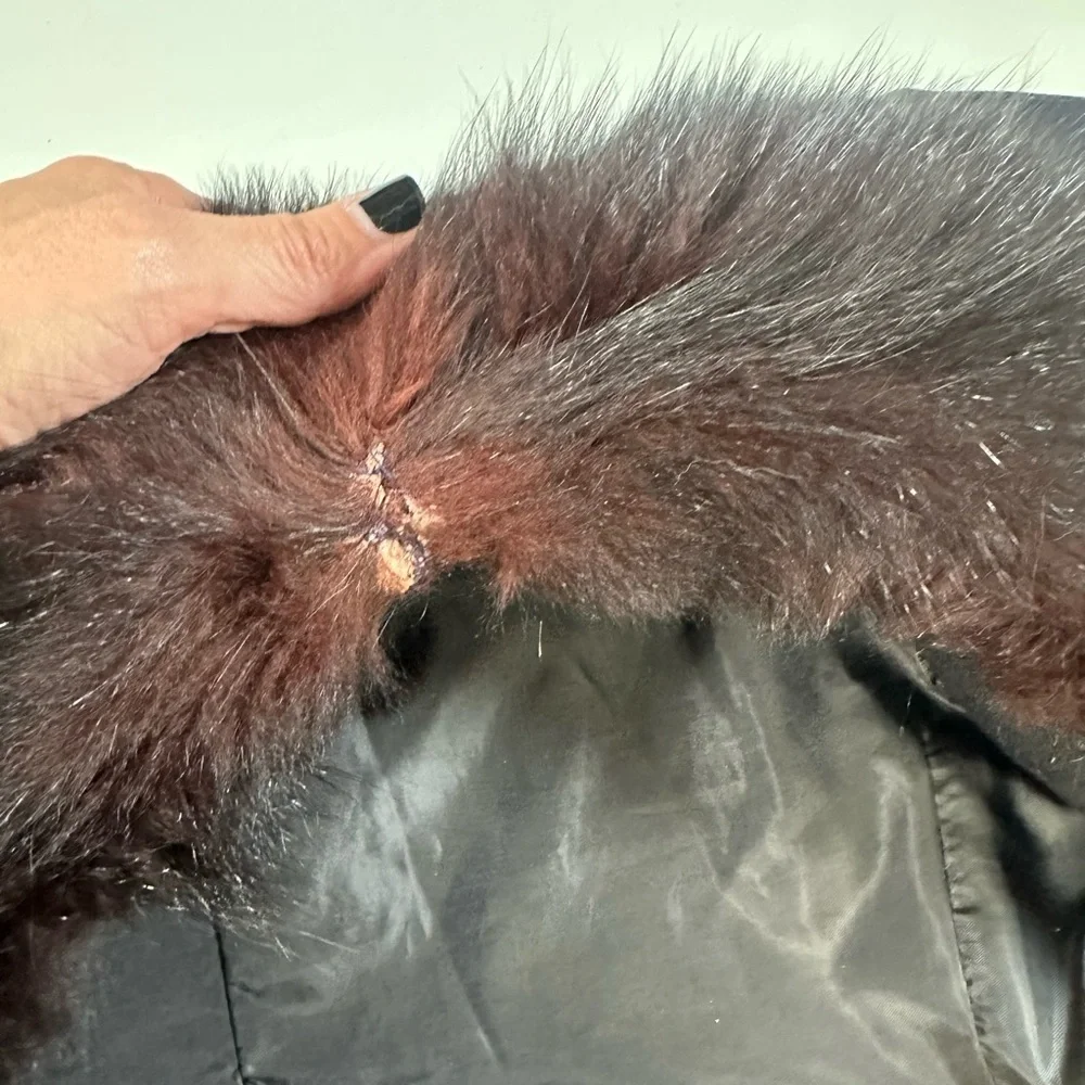 A272 Vintage Real Fur Boiled Wool Black Blazer Sz Small - Picture 7 of 7